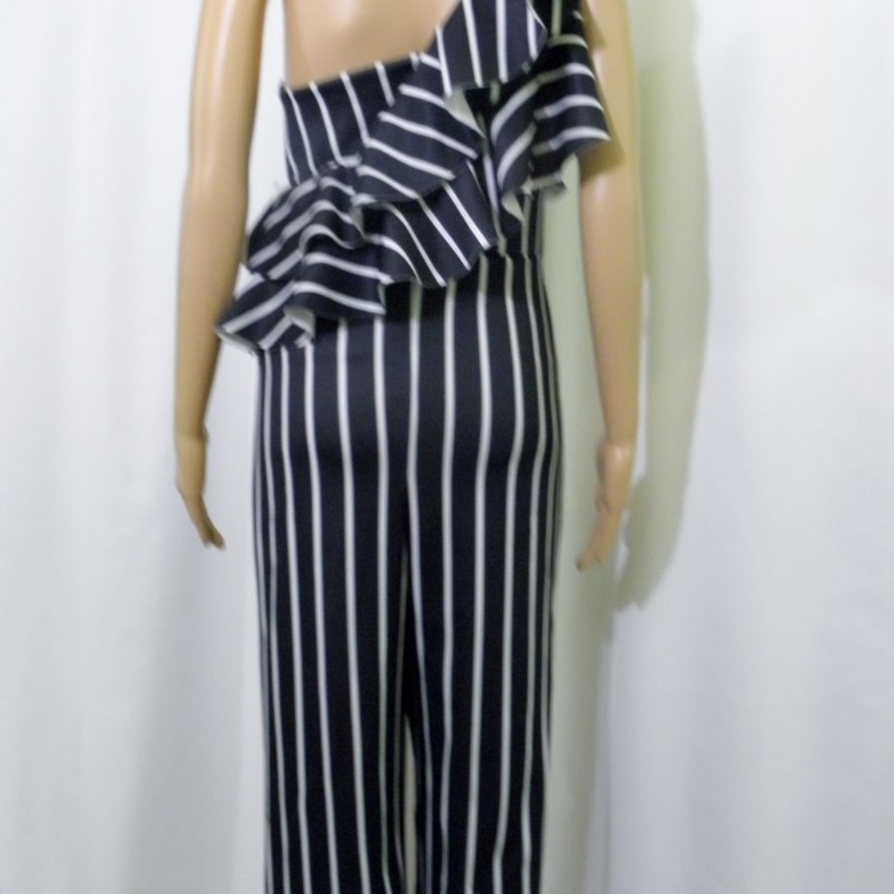 Striped One Shoulder Ruffle Frill Jumpsuit - Picture 7 of 8